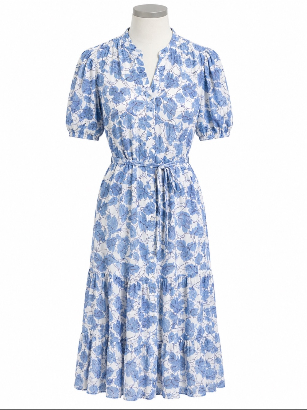 Cynthia Steffe Blue White Floral Puff Sleeve Tie Waist Midi Dress M